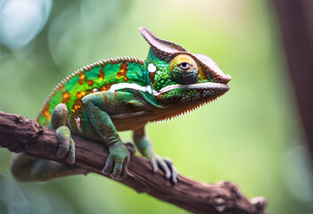 Obraz premium A colorful chameleon perched on a branch with a blurred background.