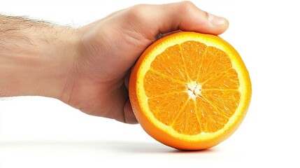 Hand Holding Half an Orange Against a White Background