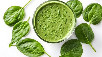 A glass bowl filled with green liquid next to a bunch of green leaves