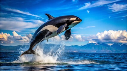 Fototapeta premium Captivating Killer Whale in Action: Dramatic Leap from the Sea, High Depth of Field, Majestic Marine Life, Ocean Wonders, Wildlife Photography