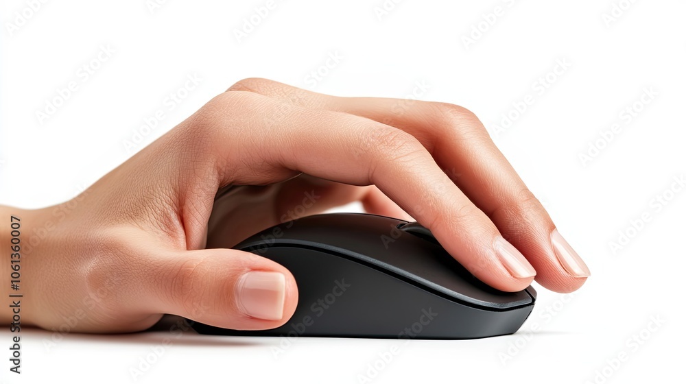 Poster a hand using a black wireless computer mouse