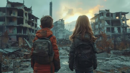 Brother and sister walk on the building ruins after war or disaster.