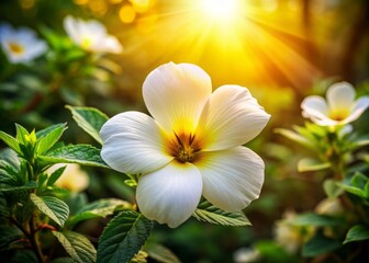 Fototapeta premium Beautiful Turnera Subulata in Magelang Indonesia - Stunning White Butter Flower Blooming in Early Morning Light, Capturing Nature's Splendor and Serenity