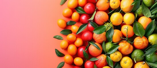 A vibrant mix of oranges, limes, mandarins, and kumquats on a coral background.