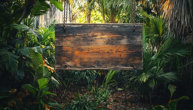 A weathered wooden sign hangs in a lush green jungle, surrounded by vibrant tropical plants, suggesting a hidden path or destination.