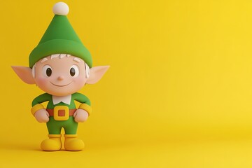 Cheerful Christmas elf on yellow background with copy space