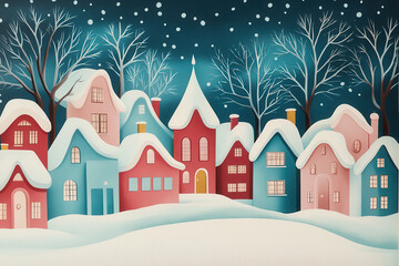 Cozy Snow-Covered Village with Colorful Houses on Winter Night, Whimsical Holiday Scene