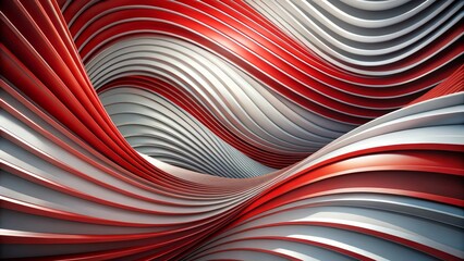 Bold abstract design featuring overlapping curved lines in red, white, and gray, creating a dynamic visual impact and embodying a contemporary art aesthetic.