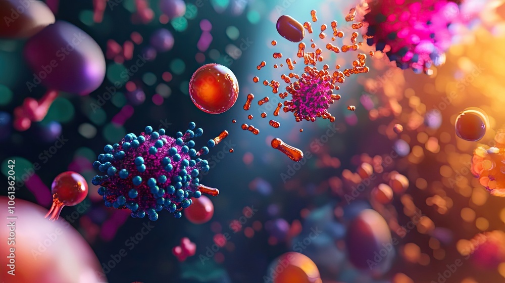 Poster abstract 3d rendering of colorful cells and spheres