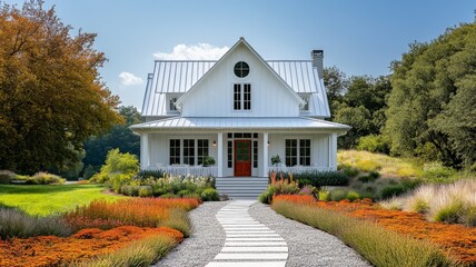 A beautiful white farmhouse home, iconic american charming frivolity