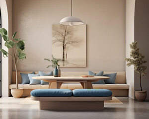Minimalist Living Room Interior Design with Wooden Table and Bench