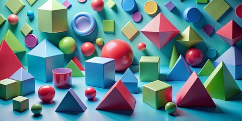 A vibrant tapestry of geometric forms,  with spheres, cubes, pyramids, and cones in a playful arrangement on a blue background.
