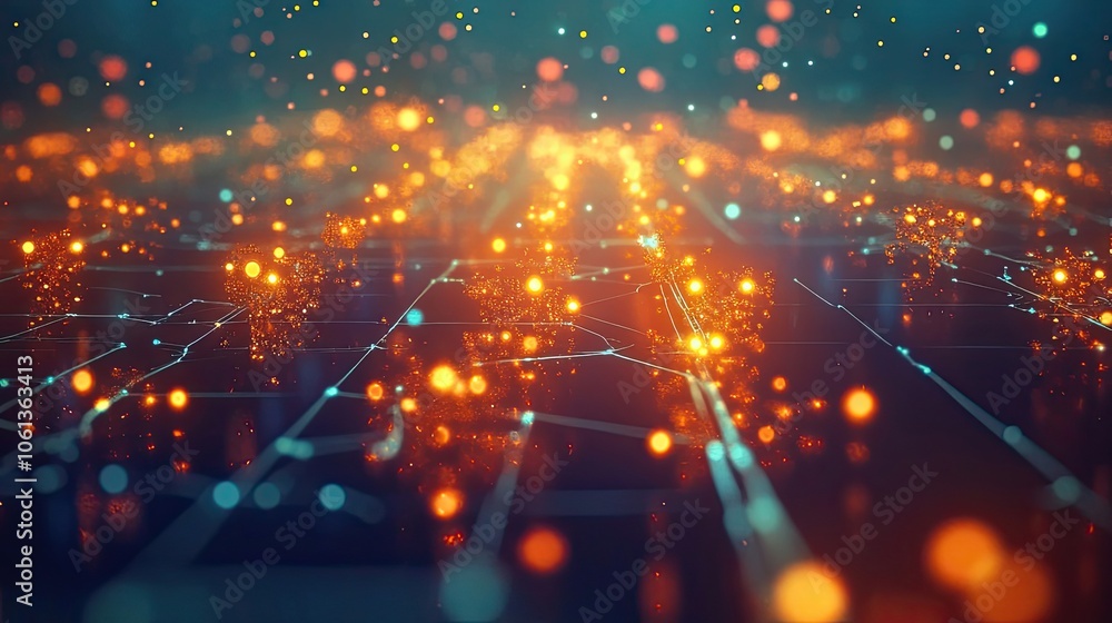 Poster abstract background with orange and blue lights, interconnected network with glowing points