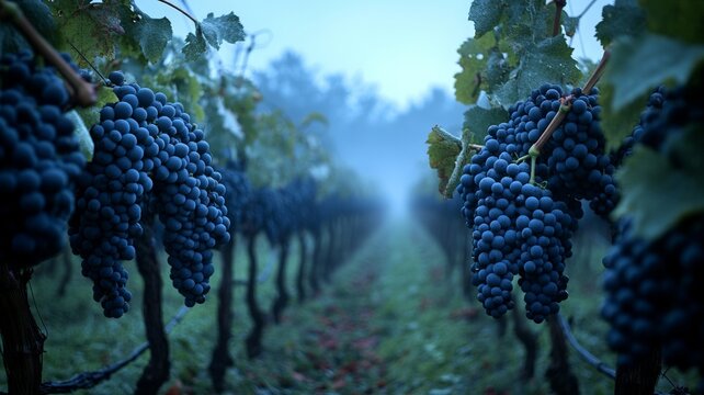 A lush vineyard on a misty morning, with rows of grapevines heavy with fruit stretching into the fog
