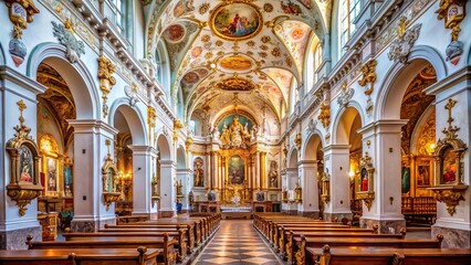 Obraz premium Candid Photography of the Stunning Interior of the Franciscan Monastery of St Stephen in Fussen Germany, Capturing Architectural Beauty and Historical Significance