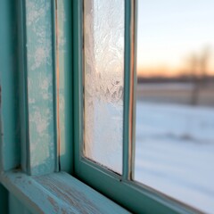 Close-up of frosted window pane with a blurred sunset and snowy field in the background.