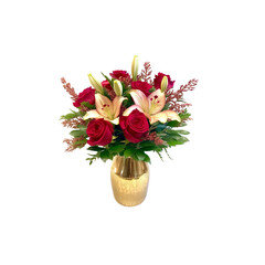 Bouquet of Red Roses and White Lilies in a Gold Vase