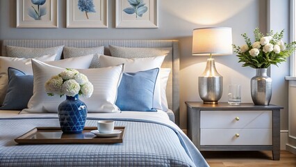 Clean White Pillows on a Made Bed with Blue Vases on a Nightstand - Modern Bedroom Decor, Cozy Interiors, Minimalist Design, Luxurious Bedding and Stylish Nightstand Accessories