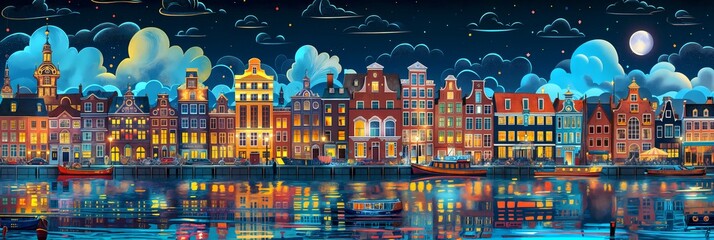 Fantasy Cartoon Night City Cityscape Background Panorama Concept Drawing image HD Print Neo Game Art V15 5