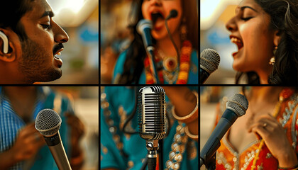 a six panel photo collage bright closeup photo of a beautiful Indian couple singing with Gateway of  Generative AI