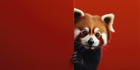 Red panda peeking from behind red wall