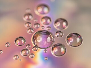 Oil and Water: A macro shot of oil droplets suspended on the surface of water, Ai Generate.