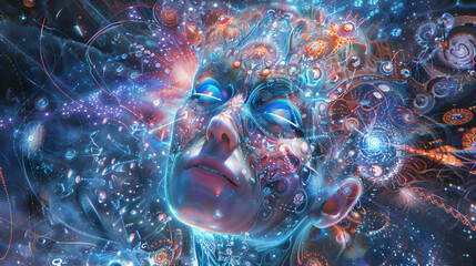 Dreamy cosmic transhuman face in a swirling galaxy, blending light and energy in a psychedelic pattern of glowing colors and fractal designs.