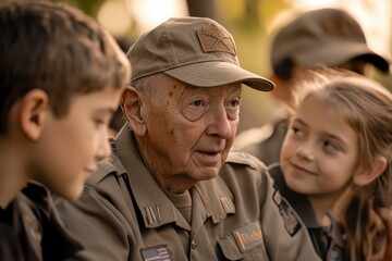 Portrait of a veteran in uniform, surrounded by children.