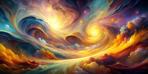 Obraz premium An Abstract Symphony of Swirling Colors and Celestial Hues, Evoking a Dreamlike Landscape of Intertwining Galaxies and Ethereal Clouds