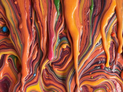 Melted Crayons: A melting rainbow of crayon waxes flowing together, creating vibrant, thick textures as the colors blend into abstract waves and drips.