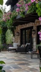 Obraz premium Modern farmhouse style backyard patio in a new build house located in Aspen, CO. The patio should have a stone floor with pottery barn style outdoor furniture