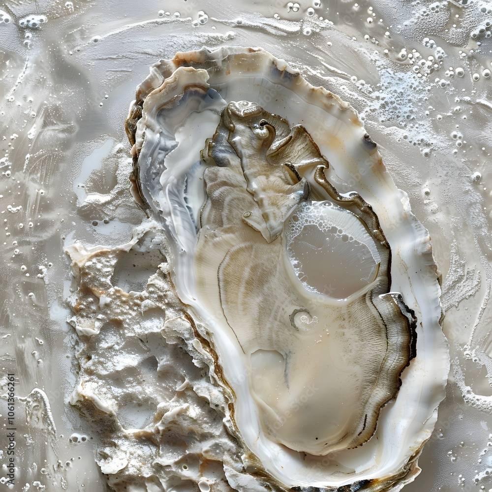 Poster a close-up of an oyster shell showcasing its intricate patterns and textures.