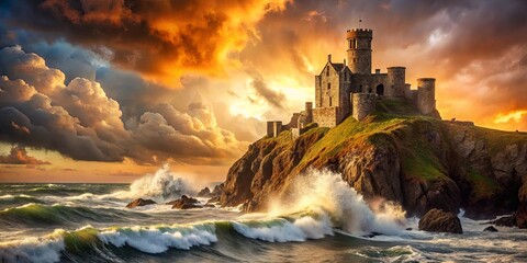 Fototapeta premium Ancient Stone Fortress Standing Proud Against a Dramatic Seascape of Crashing Waves and a Fiery Sunset Sky