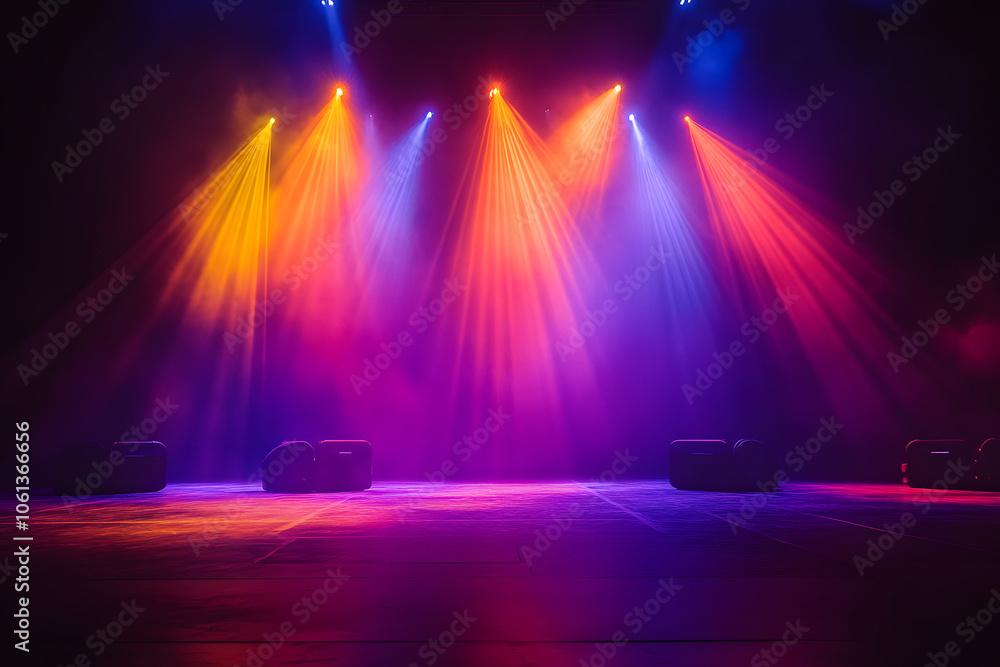 Poster vibrant stage illuminated by colorful lights with a foggy atmosphere in the background. concepts of 