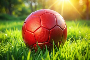 Fototapeta premium Close-Up of a Vibrant Red Football on Lush Green Grass – Perfect for Sports, Football, and Outdoor Photography Enthusiasts