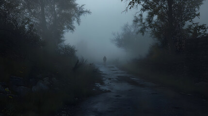 Fototapeta premium A desolate road surrounded by fog, with dark figures barely visible in the distance.
