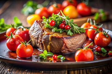 Close-Up of Delicious Veal with Tomato Garnish, Juicy Meat, High Depth of Field, Culinary Delight, Gourmet Dish, Fresh Ingredients, Restaurant Quality, Savory Presentation, Food Photography