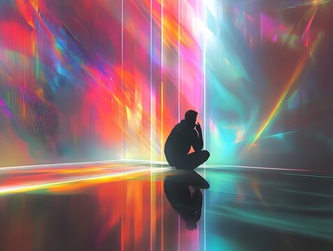 Silhouetted Figure Merging with Dreamlike Digital Realm