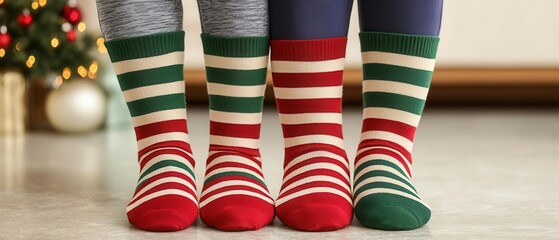 Family wearing matching holiday socks, feet closeup, cozy National Sock Day moment