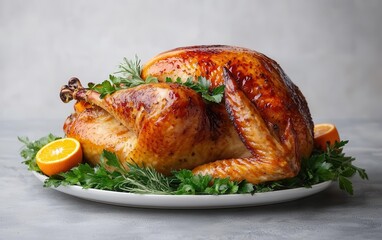 Goldenbrown roasted turkey garnished with fresh herbs and oranges, set on a modern minimalist table, Thanksgiving turkey, minimalist holiday feast