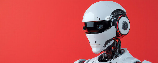 Humanoid robot, vibrant red backdrop, 3D illustration