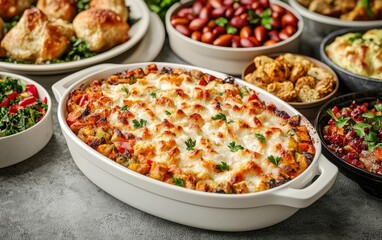 Thanksgiving dinner with a mix of cultural dishes representing a diverse and multicultural family, diverse Thanksgiving feast, celebrating cultural heritage