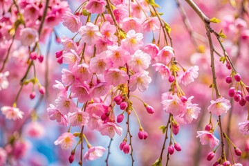 Obraz premium Close Up of Blooming Weeping Cherry Tree Flowers in Spring - Beautiful Petals, Delicate Branches, Nature's Beauty, Floral Photography, Springtime, Blossom Closeup