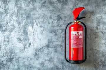 Obraz premium A red fire extinguisher mounted on a textured gray wall, serving as a safety device for fire emergencies.