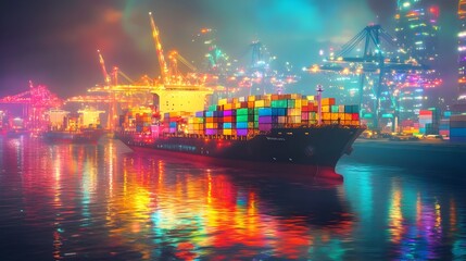 Obraz premium Surreal Visualization of Global Logistics Networks in Vibrant Neon Cityscape