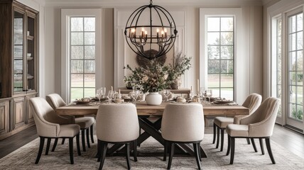 Dining room with west elm style furniture. Large wood rectangle table with chairs around the table