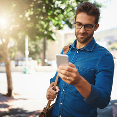 City, businessman and smile with smartphone for connection, networking and chat with online...
