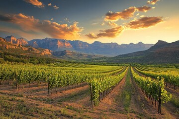 Naklejka premium A stunning sunset over a vineyard with mountains in the distance.
