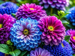 Obraz premium Close-Up of Vibrant Purple and Blue Flowers Surrounded by Lush Green Leaves in a High Depth of Field Setting for Nature and Floral Photography