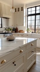 Fototapeta premium Modern farmhouse style kitchen. White shaker style cabinets with a light colored marble countertop